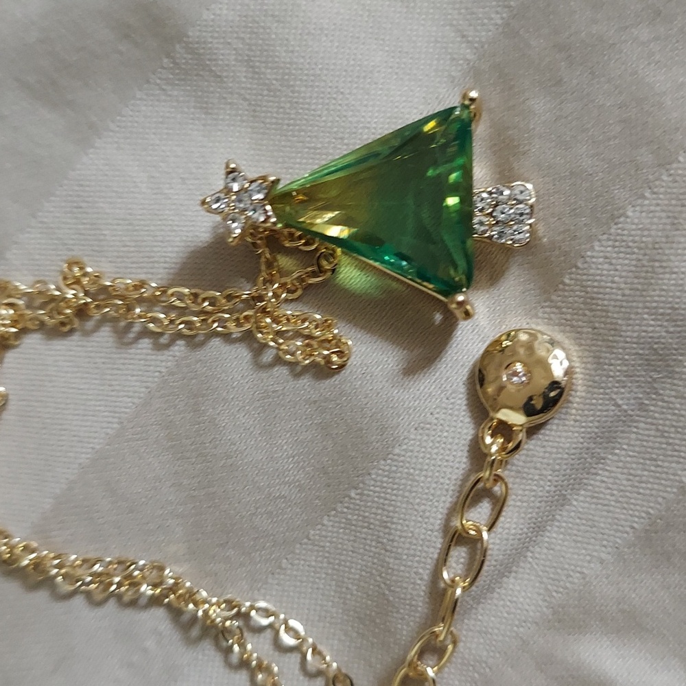 Watermelon Tourmaline CZ Triangle Tree Gold Pendant - Picture 4 of 12